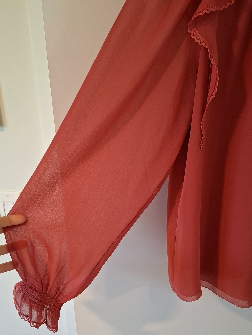 Wilfred Sheer Flowy "Tilda" Coral Ruffle-Trim Button Front Blouse (Size XS) - Picture 3 of 10